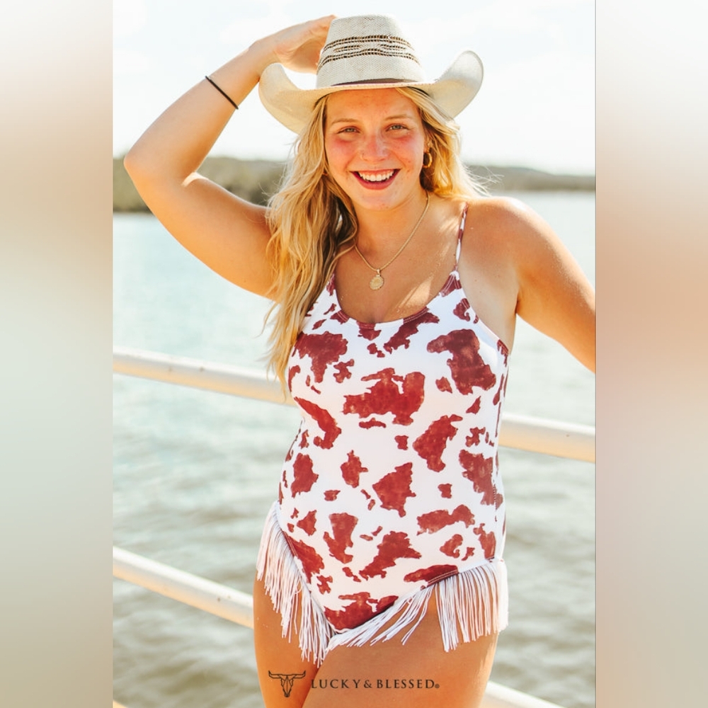 NWT Lucky And Blessed Brown One Piece Brown Cow Print Swimsuit W Fringe
